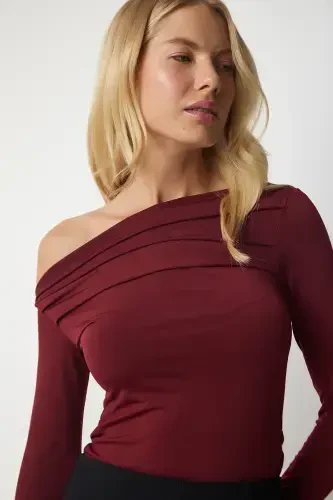 Women's Burgundy Drape Collar Gathered Detail Blouse TO00073-Burgundy - 3