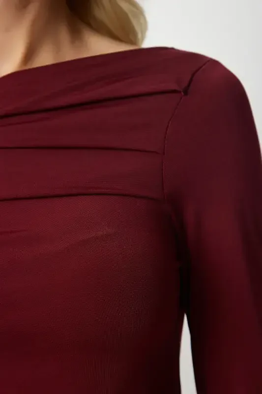 Women's Burgundy Drape Collar Gathered Detail Blouse TO00073-Burgundy - 5