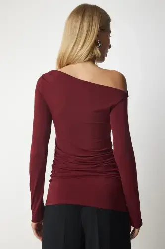 Women's Burgundy Drape Collar Gathered Detail Blouse TO00073-Burgundy - 6