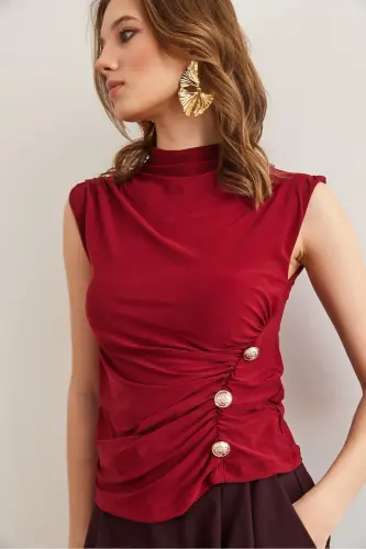 Women's Burgundy Drape Detailed Buttoned Waist Sandy Blouse - 6