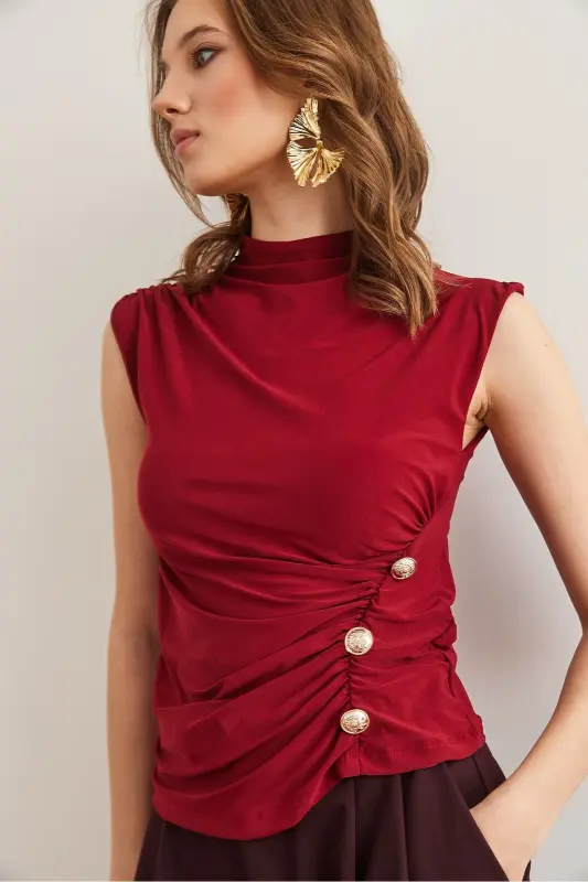 Women's Burgundy Drape Detailed Buttoned Waist Sandy Blouse - 6