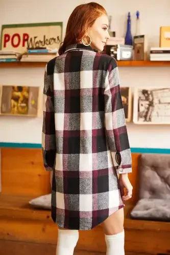 Women's Burgundy Ecru Lumberjack Thick Plaid Tunic Dress ELB-19000836 - OLALOOK (1)