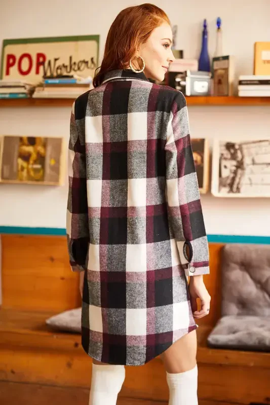 Women's Burgundy Ecru Lumberjack Thick Plaid Tunic Dress ELB-19000836 - 2