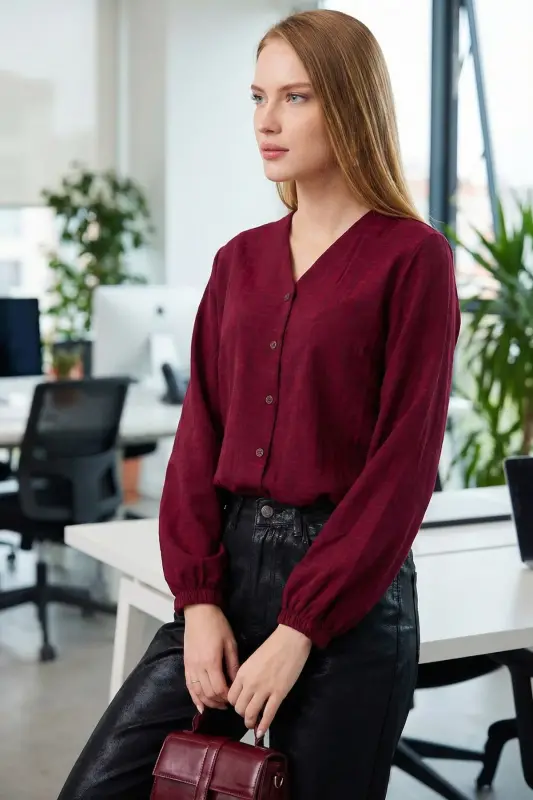 Women's Burgundy Elastic Sleeve Detailed Blouse ARM-24K0 - ARMONIKA