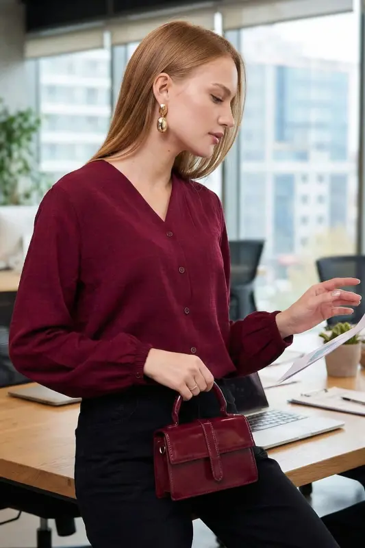 Women's Burgundy Elastic Sleeve Detailed Blouse ARM-24K0 - 2