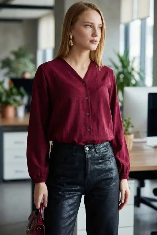Women's Burgundy Elastic Sleeve Detailed Blouse ARM-24K0 - 3