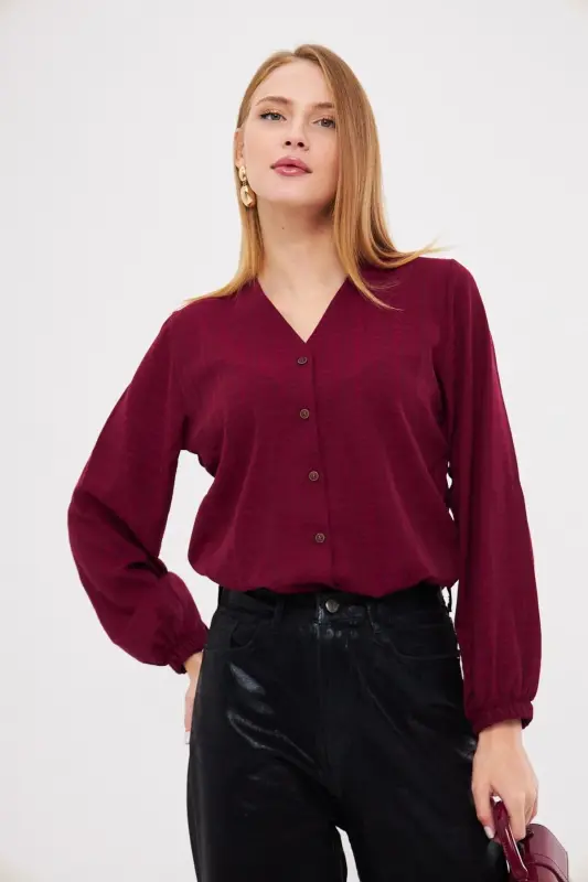 Women's Burgundy Elastic Sleeve Detailed Blouse ARM-24K0 - 4
