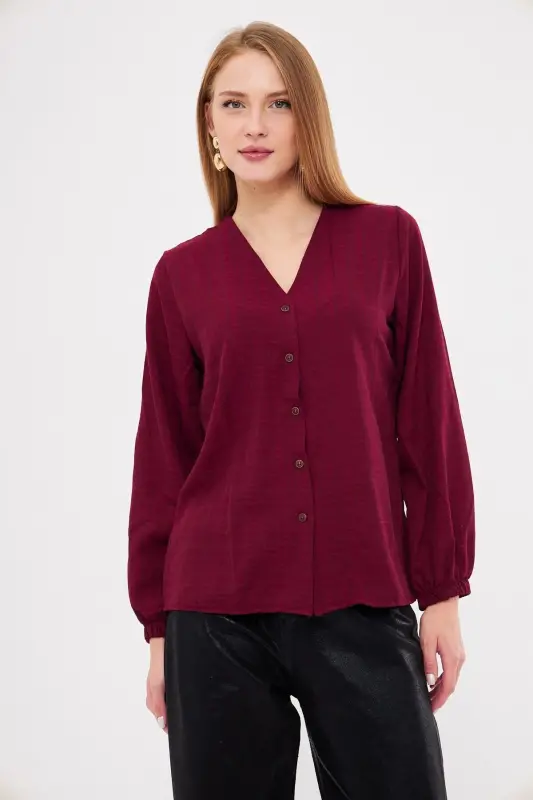 Women's Burgundy Elastic Sleeve Detailed Blouse ARM-24K0 - 5