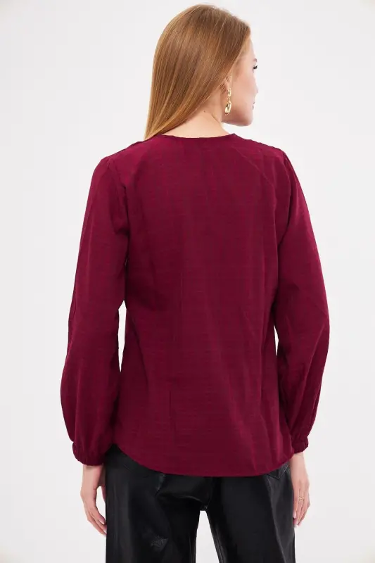 Women's Burgundy Elastic Sleeve Detailed Blouse ARM-24K0 - 6
