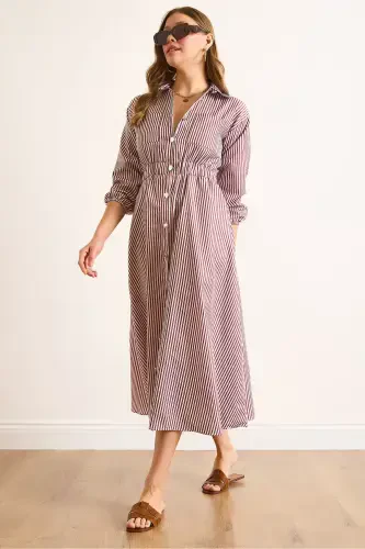 Women's Burgundy Elastic Waist Pocketed Maxi Shirt Dress ELB-19002398-Burgundy - 1