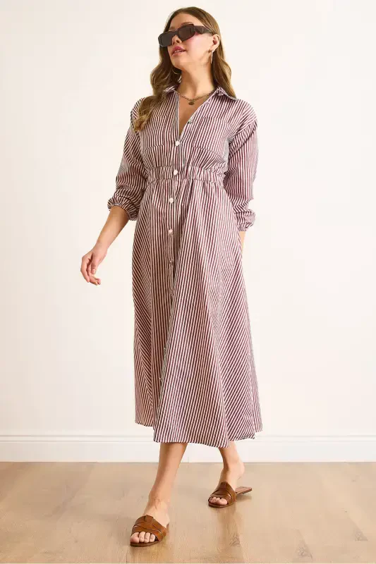 Women's Burgundy Elastic Waist Pocketed Maxi Shirt Dress ELB-19002398-Burgundy - 1