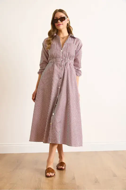 Women's Burgundy Elastic Waist Pocketed Maxi Shirt Dress ELB-19002398-Burgundy - 2