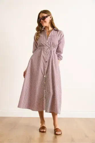 Women's Burgundy Elastic Waist Pocketed Maxi Shirt Dress ELB-19002398-Burgundy - 3