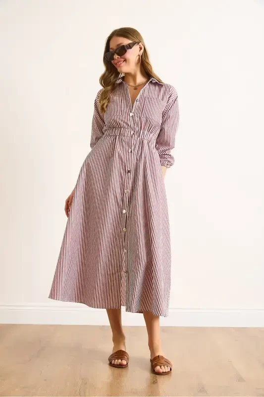 Women's Burgundy Elastic Waist Pocketed Maxi Shirt Dress ELB-19002398-Burgundy - 3