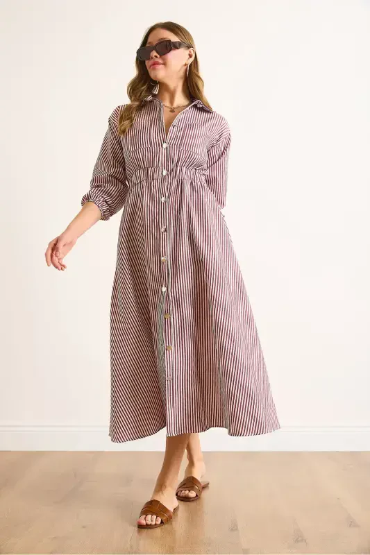 Women's Burgundy Elastic Waist Pocketed Maxi Shirt Dress ELB-19002398-Burgundy - 4