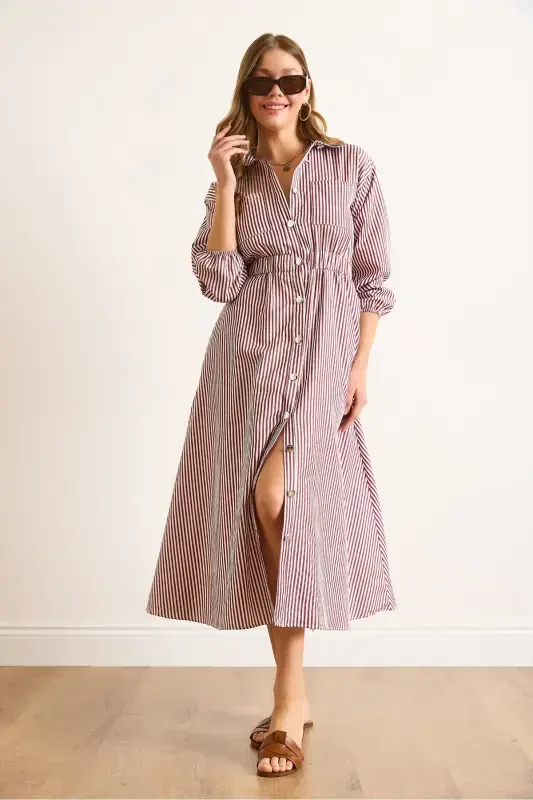 Women's Burgundy Elastic Waist Pocketed Maxi Shirt Dress ELB-19002398-Burgundy - 5