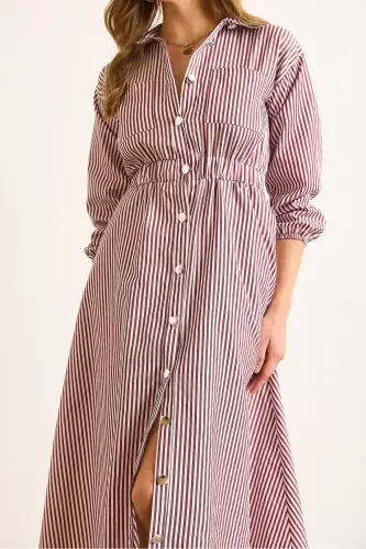 Women's Burgundy Elastic Waist Pocketed Maxi Shirt Dress ELB-19002398-Burgundy - 6