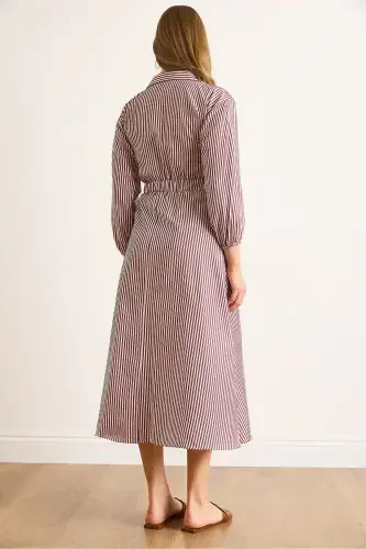 Women's Burgundy Elastic Waist Pocketed Maxi Shirt Dress ELB-19002398-Burgundy - 7