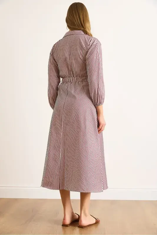 Women's Burgundy Elastic Waist Pocketed Maxi Shirt Dress ELB-19002398-Burgundy - 7