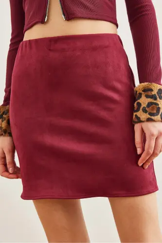 Women's Burgundy Elastic Waist Suede Mini Skirt ETK-19000 - 5