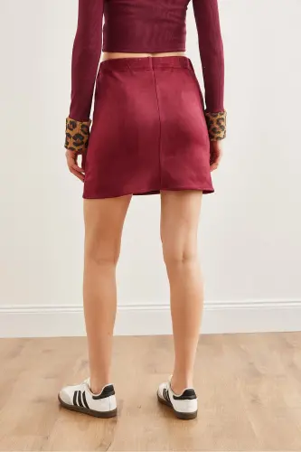 Women's Burgundy Elastic Waist Suede Mini Skirt ETK-19000 - 6