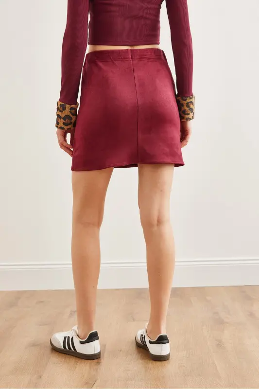 Women's Burgundy Elastic Waist Suede Mini Skirt ETK-19000 - 6