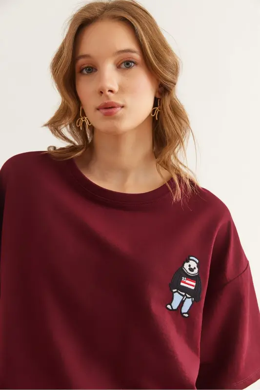 Women's Burgundy Embroidered Relaxed Fit T-Shirt TSH-1 - 1