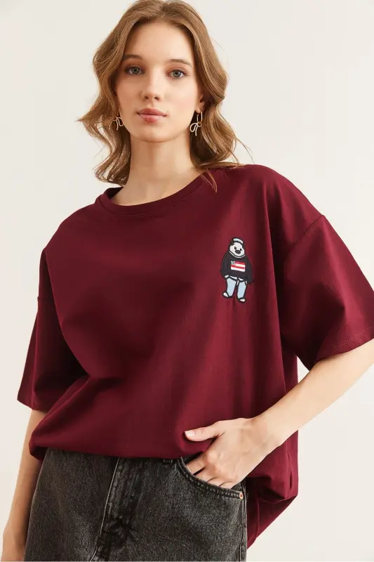 Women's Burgundy Embroidered Relaxed Fit T-Shirt TSH-1 - 3