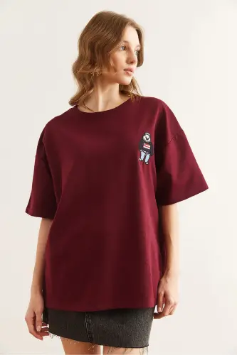 Women's Burgundy Embroidered Relaxed Fit T-Shirt TSH-1 - 5