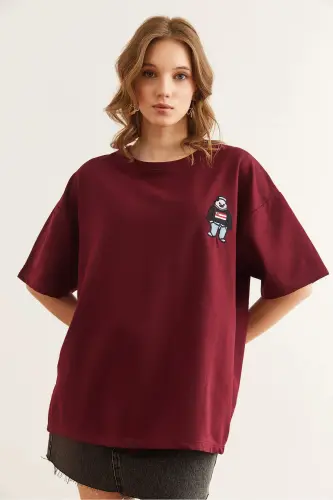 Women's Burgundy Embroidered Relaxed Fit T-Shirt TSH-1 - 6