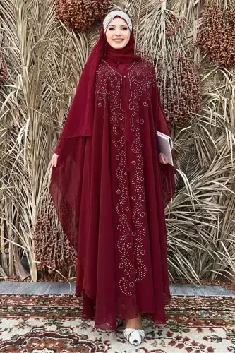 Women's Burgundy Embroidered Tulle Two-Piece Ferace Set T 6773-BURGUNDY - 1