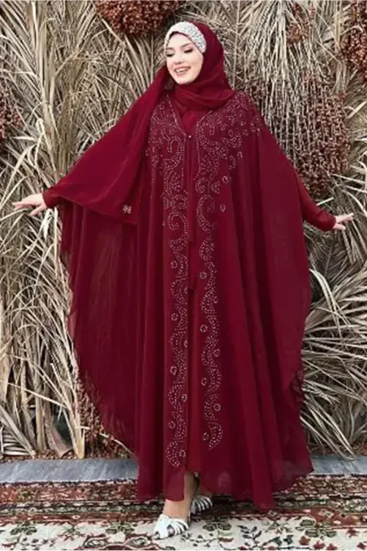 Women's Burgundy Embroidered Tulle Two-Piece Ferace Set T 6773-BURGUNDY - 2