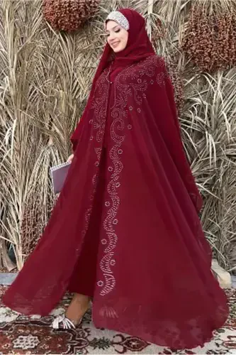 Women's Burgundy Embroidered Tulle Two-Piece Ferace Set T 6773-BURGUNDY - 3