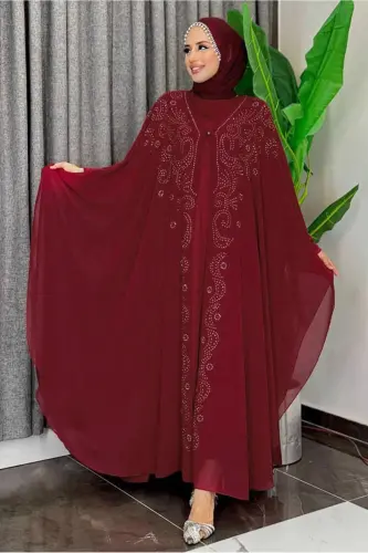 Women's Burgundy Embroidered Tulle Two-Piece Ferace Set T 6773-BURGUNDY - 1