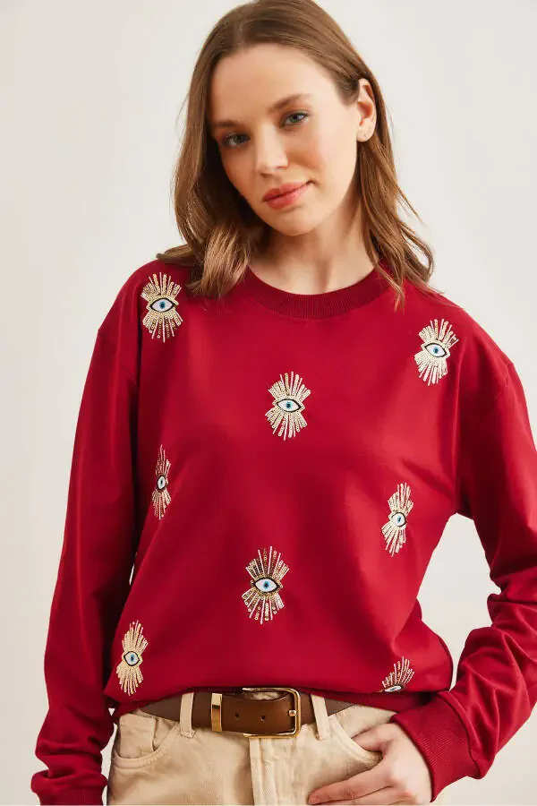Women's Burgundy Eye Embroidered Seasonal Sweatshirt SWT-19000598 - 1