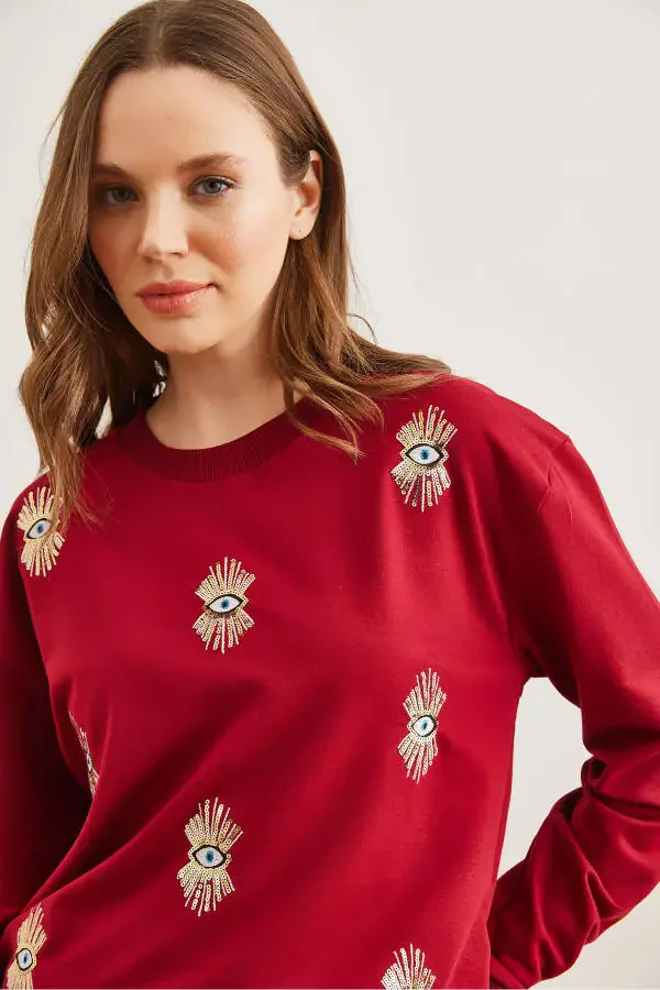 Women's Burgundy Eye Embroidered Seasonal Sweatshirt SWT-19000598 - 5