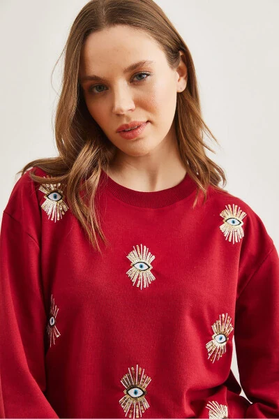 Women's Burgundy Eye Embroidered Seasonal Sweatshirt SWT-19000598 - 6