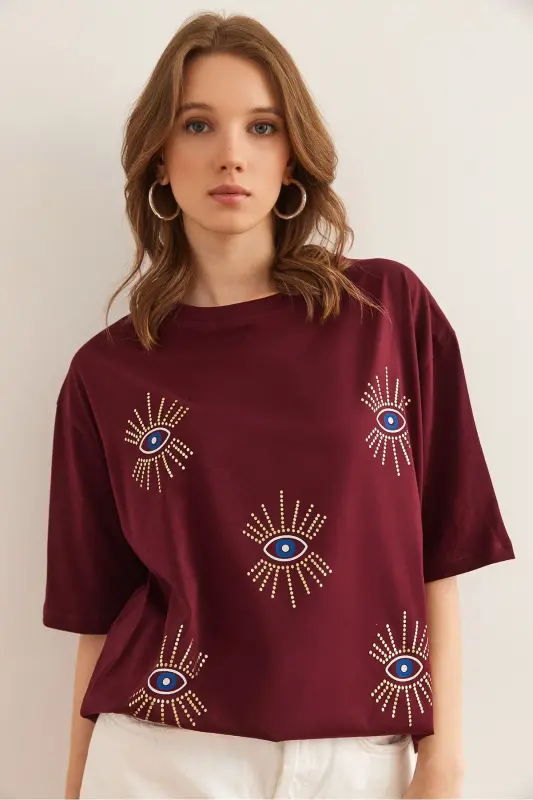 Women's Burgundy Eye Print Foil Detailed T-Shirt TSH-1 - 1