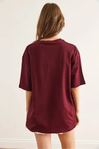 Women's Burgundy Eye Print Foil Detailed T-Shirt TSH-1 - OLALOOK (1)