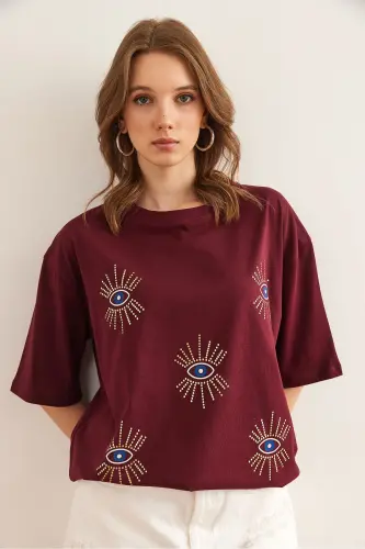 Women's Burgundy Eye Print Foil Detailed T-Shirt TSH-1 - 3