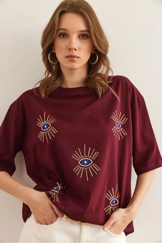 Women's Burgundy Eye Print Foil Detailed T-Shirt TSH-1 - 5