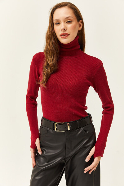 Women's Burgundy Fisherman's Collar Finger Detail Spandex Blouse BLZ-19001644 - 3