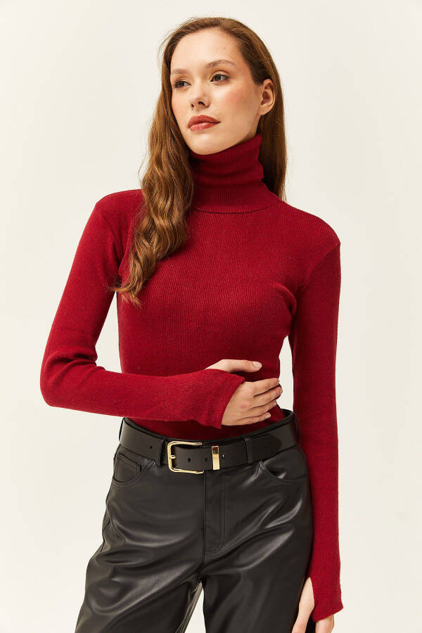 Women's Burgundy Fisherman's Collar Finger Detail Spandex Blouse BLZ-19001644 - 5