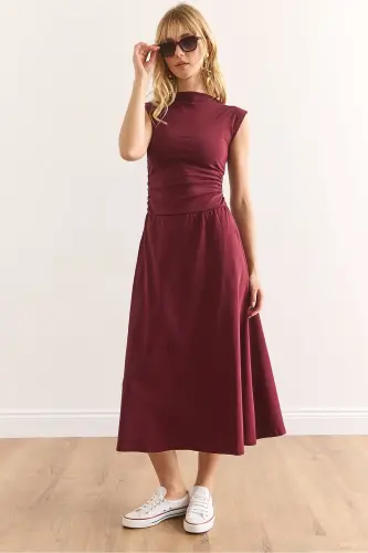 Women's Burgundy Fitted Waist Steel Interlock Dress - 1