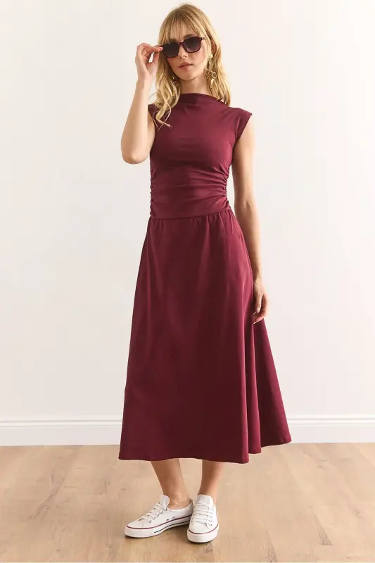 Women's Burgundy Fitted Waist Steel Interlock Dress - 1
