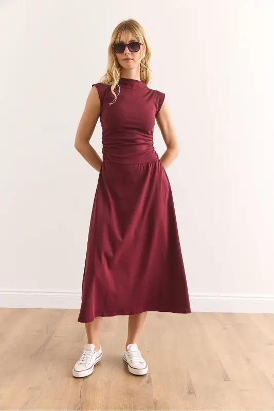 Women's Burgundy Fitted Waist Steel Interlock Dress - 2