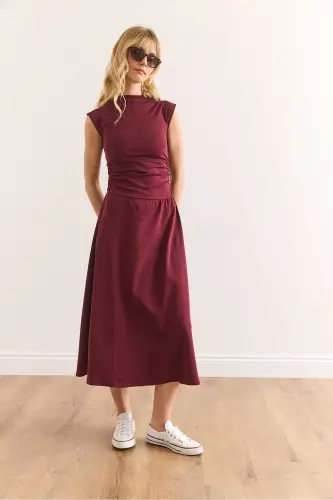 Women's Burgundy Fitted Waist Steel Interlock Dress - 3