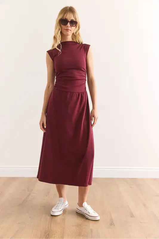 Women's Burgundy Fitted Waist Steel Interlock Dress - 4