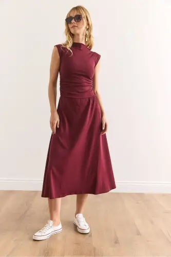 Women's Burgundy Fitted Waist Steel Interlock Dress - 5