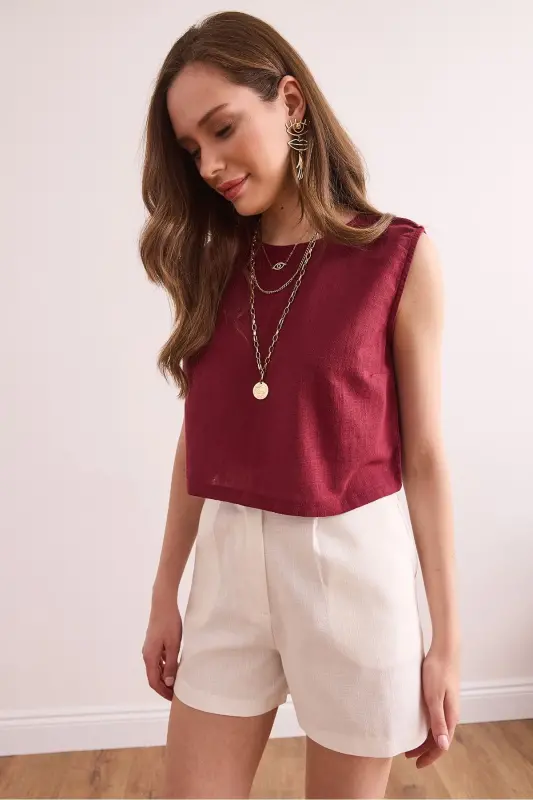 Women's Burgundy Flame Linen Crop Blouse BLZ-19002925-Bord - 4